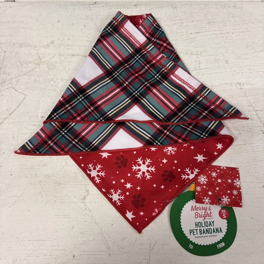 Merry Bright Reversible Holiday Plaid Dog Bandana XS/S Holiday‎ Christmas NEW